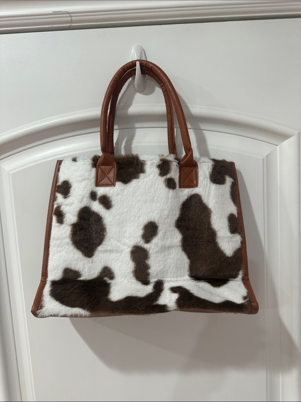 SHEIN Brown & White Cowhide Faux-Fur Tote